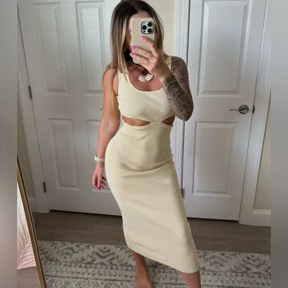 Zara dress midi fitted cream tan ribbed knit cut out midi - Picture 8 of 8